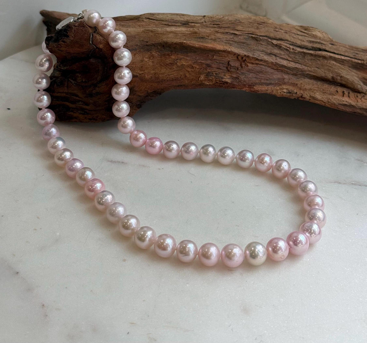Elly’s 8.5-10.1mm Freshwater Pale Pink pearls necklace: Extreme luster mirrored, 17.5”, s925 silver necklace strand.