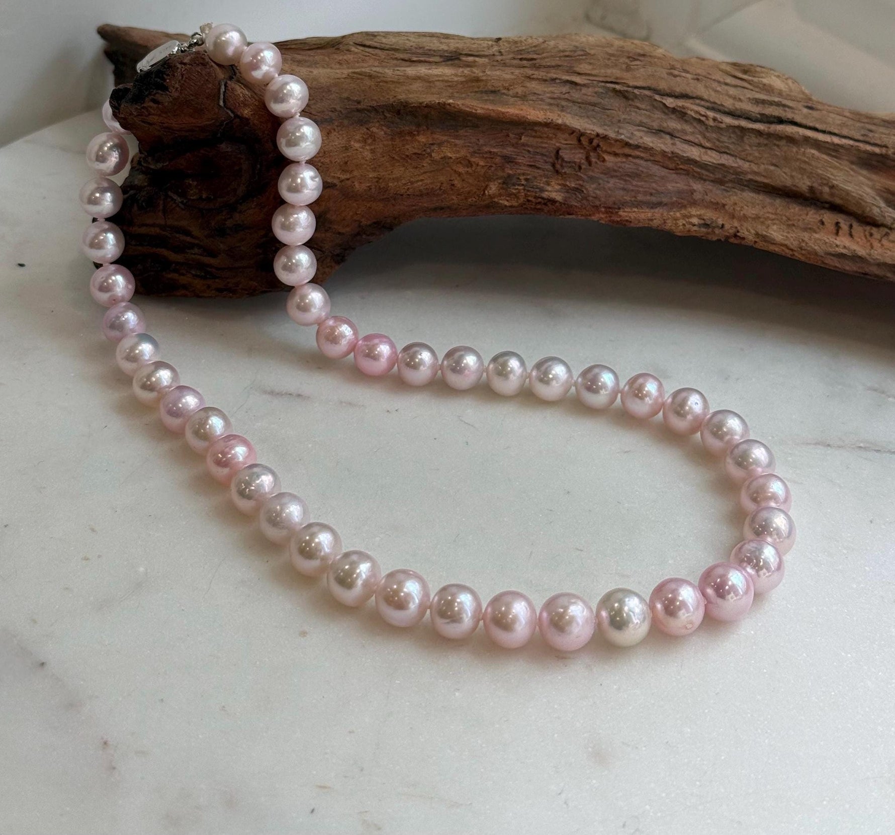 Elly’s 8.5-10.1mm Freshwater Pale Pink pearls necklace: Extreme luster mirrored, 17.5”, s925 silver necklace strand.