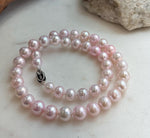 Elly’s 8.5-10.1mm Freshwater Pale Pink pearls necklace: Extreme luster mirrored, 17.5”, s925 silver necklace strand.