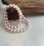 Elly’s 8.5-10.1mm Freshwater Pale Pink pearls necklace: Extreme luster mirrored, 17.5”, s925 silver necklace strand.