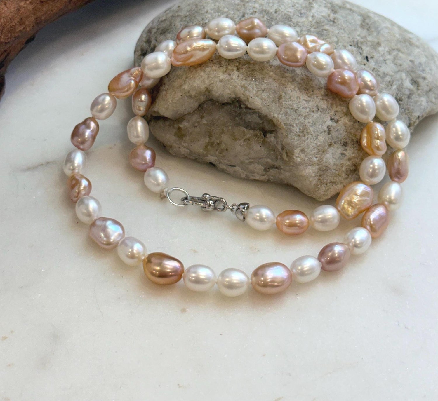 Elly’s 5.8-7.4mm Freshwater Multicolored Pearls Necklace Strand: Extreme luster mirrored, 18.3”, S925 silver necklace.