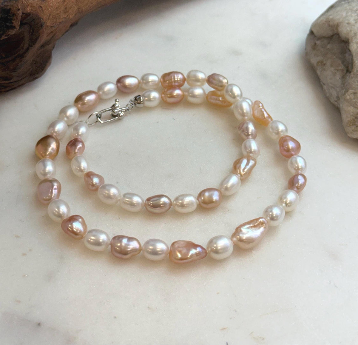 Elly’s 5.8-7.4mm Freshwater Multicolored Pearls Necklace Strand: Extreme luster mirrored, 18.3”, S925 silver necklace.