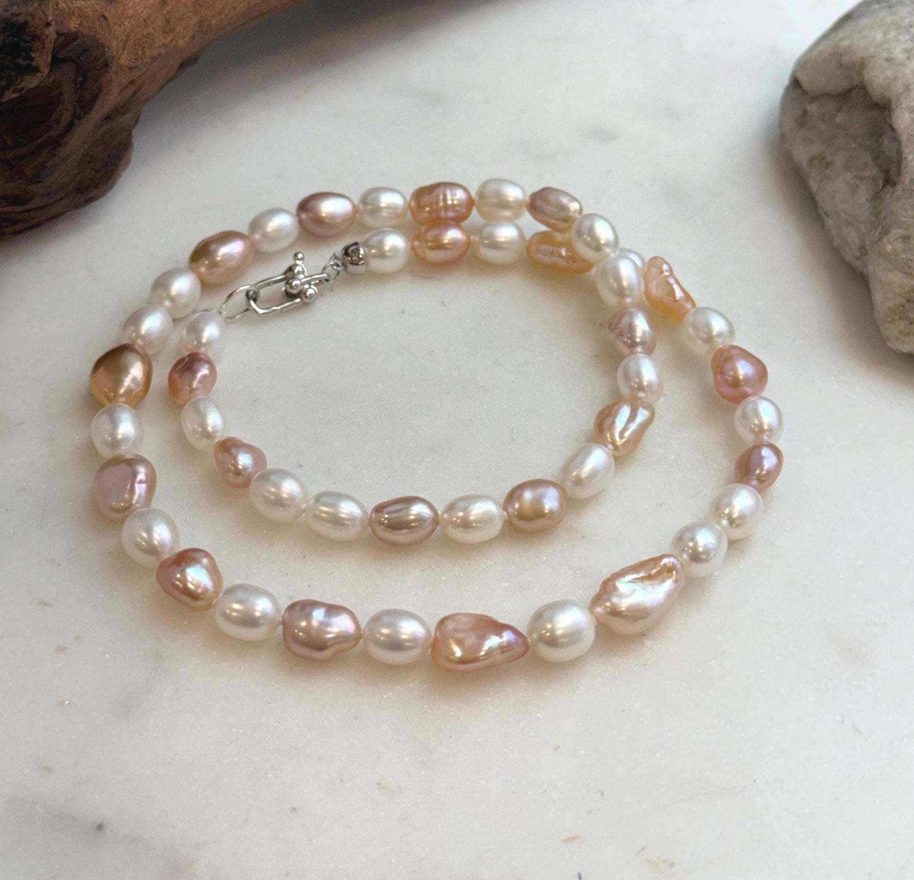 Elly’s 5.8-7.4mm Freshwater Multicolored Pearls Necklace Strand: Extreme luster mirrored, 18.3”, S925 silver necklace.