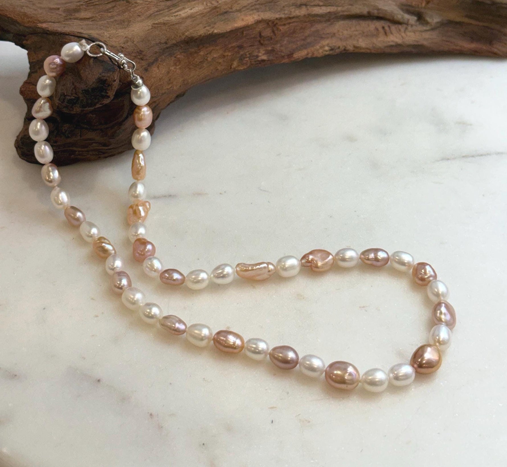Elly’s 5.8-7.4mm Freshwater Multicolored Pearls Necklace Strand: Extreme luster mirrored, 18.3”, S925 silver necklace.