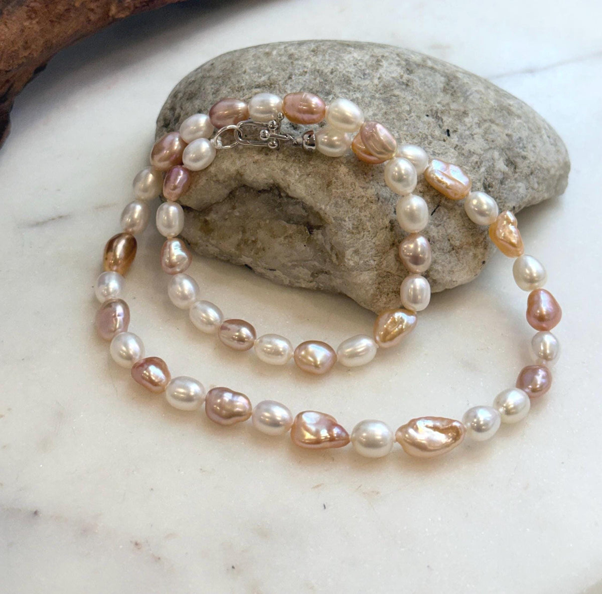 Elly’s 5.8-7.4mm Freshwater Multicolored Pearls Necklace Strand: Extreme luster mirrored, 18.3”, S925 silver necklace.