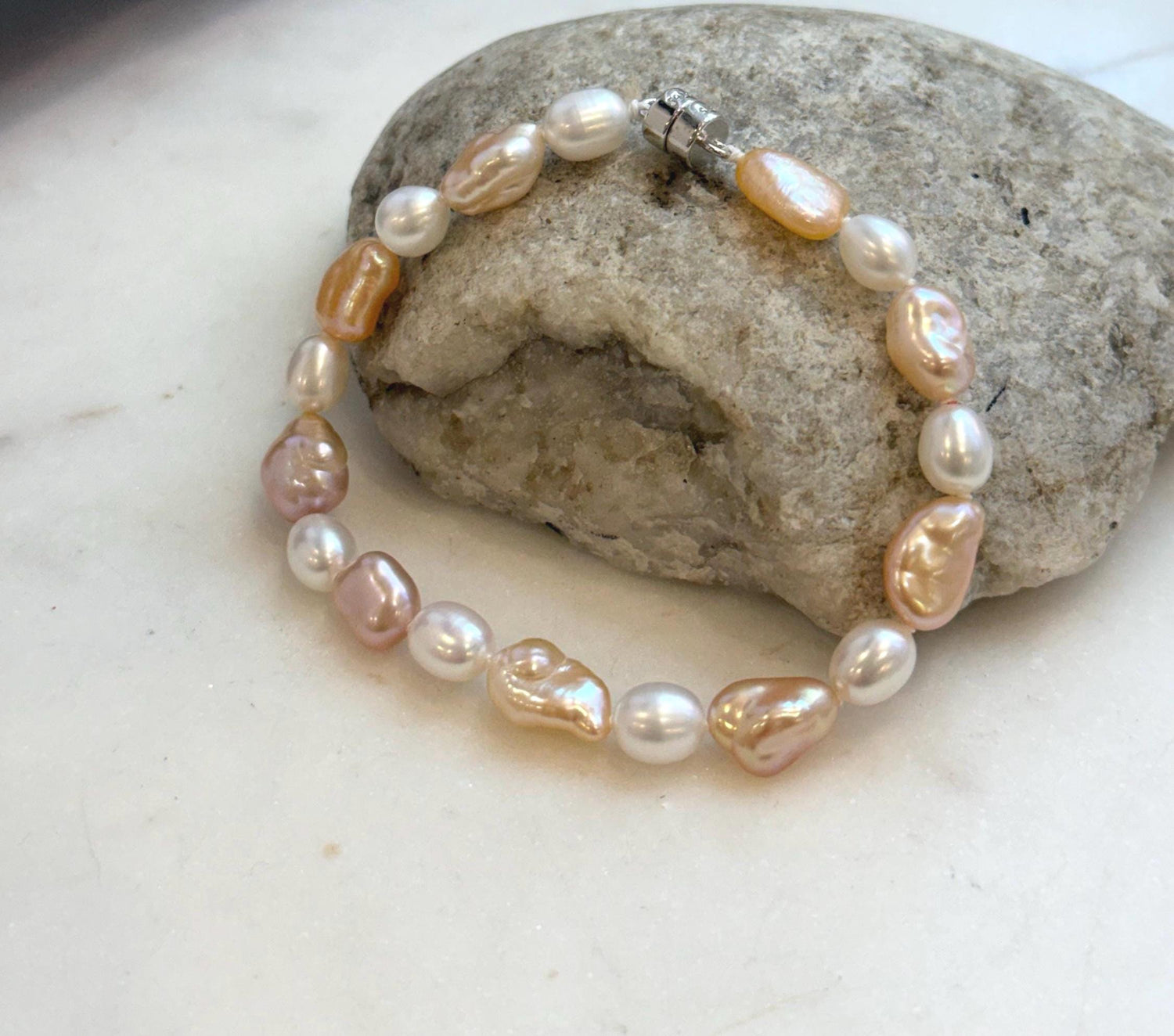 Elly’s 6.6-8.5mm Freshwater Multicolored Pearls Bracelet: Extreme luster mirrored, 7.8”, S925 silver bracelet.