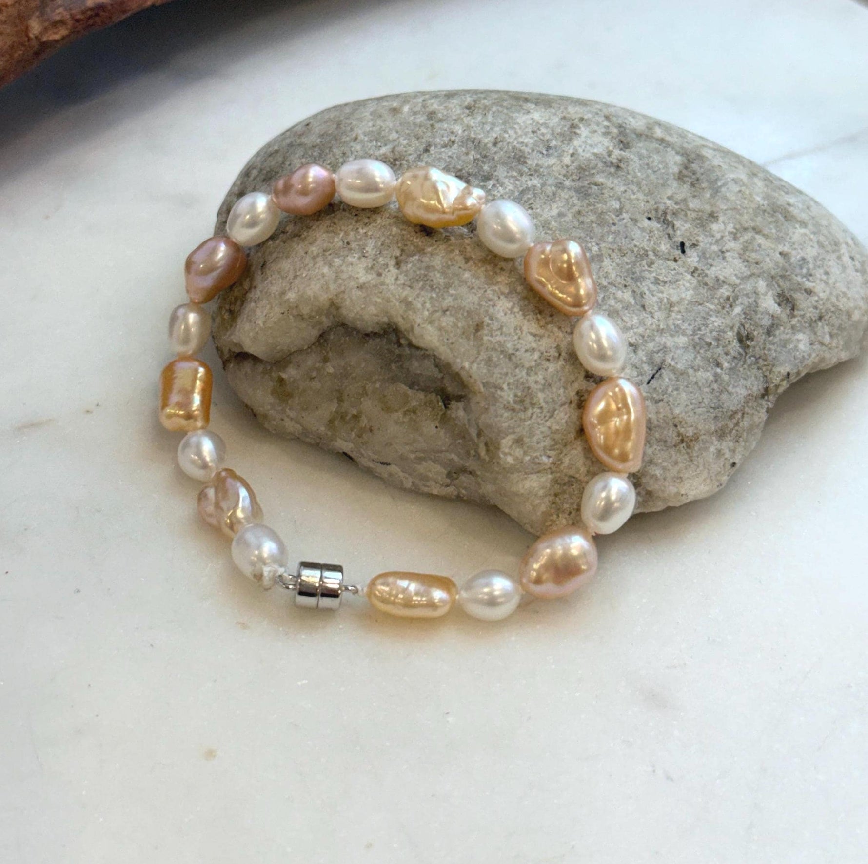 Elly’s 6.6-8.5mm Freshwater Multicolored Pearls Bracelet: Extreme luster mirrored, 7.8”, S925 silver bracelet.
