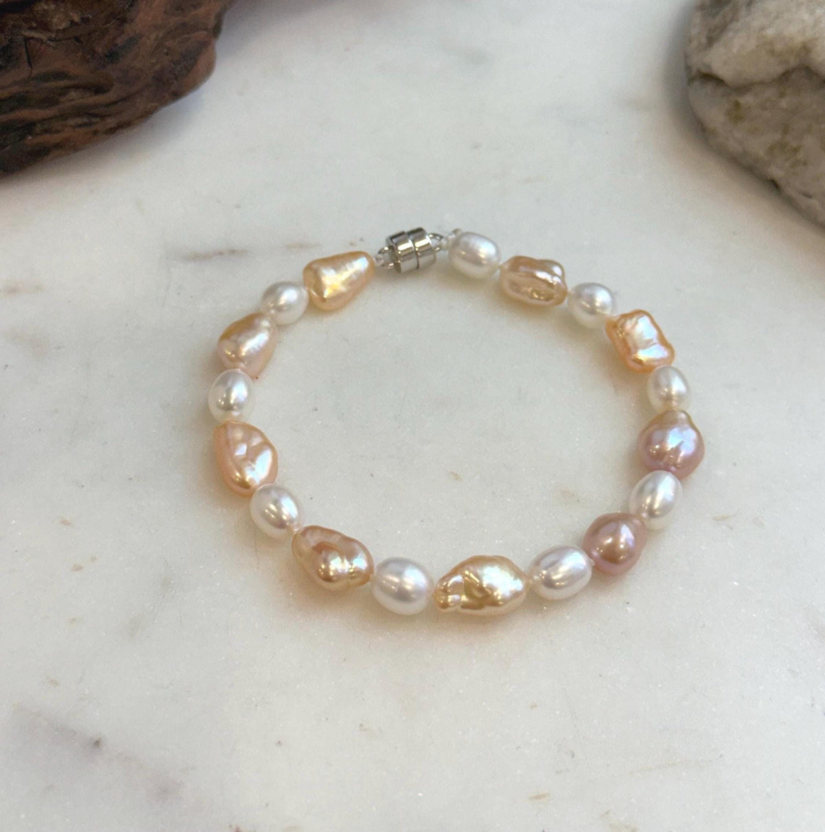 Elly’s 6.6-8.5mm Freshwater Multicolored Pearls Bracelet: Extreme luster mirrored, 7.8”, S925 silver bracelet.