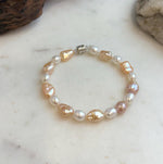 Elly’s 6.6-8.5mm Freshwater Multicolored Pearls Bracelet: Extreme luster mirrored, 7.8”, S925 silver bracelet.