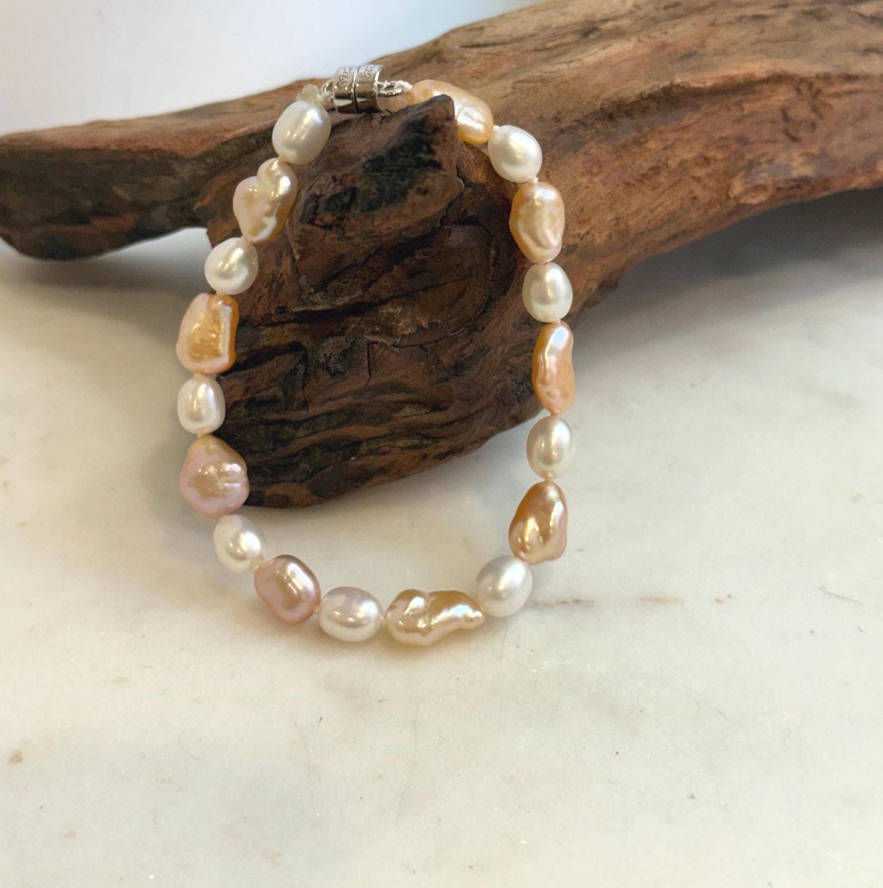 Elly’s 6.6-8.5mm Freshwater Multicolored Pearls Bracelet: Extreme luster mirrored, 7.8”, S925 silver bracelet.
