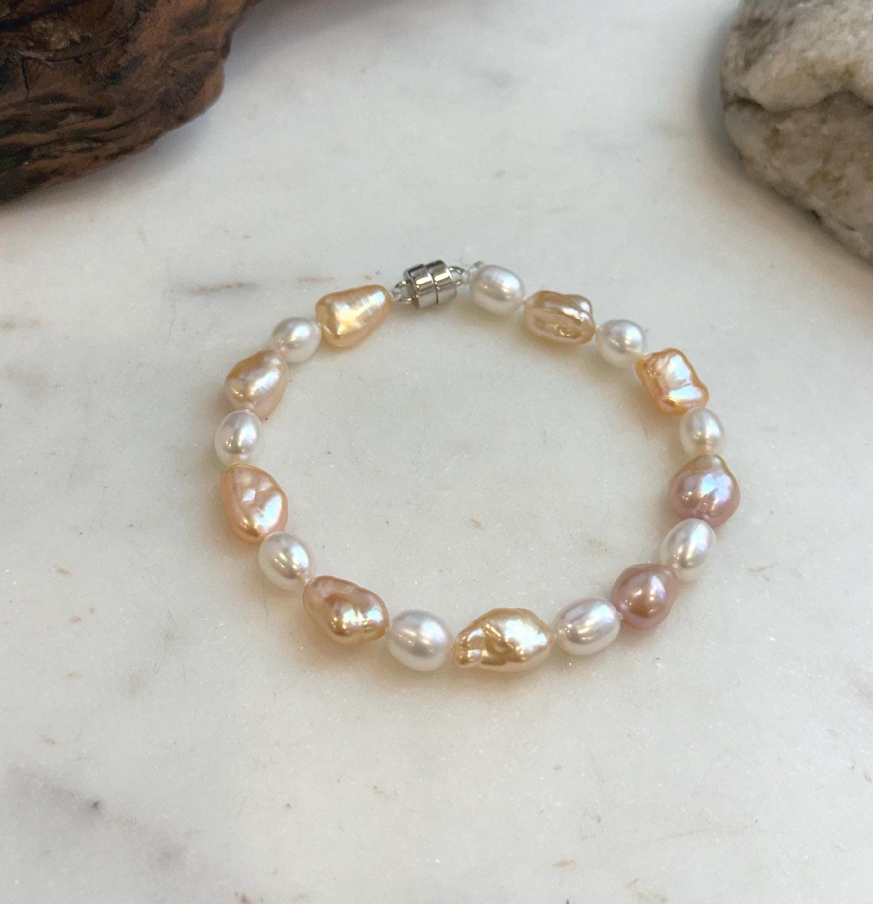 Elly’s 6.6-8.5mm Freshwater Multicolored Pearls Bracelet: Extreme luster mirrored, 7.8”, S925 silver bracelet.