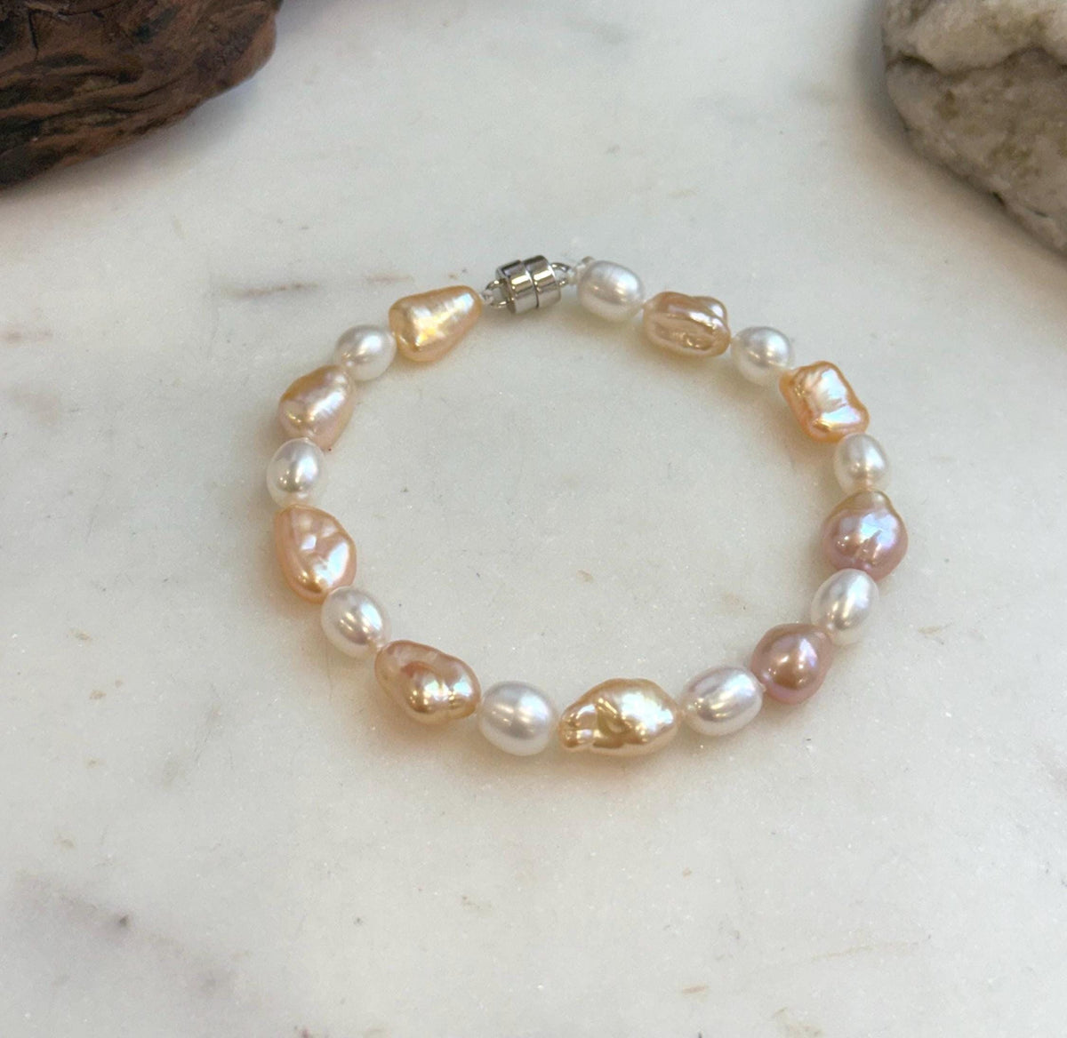 Elly’s 6.6-8.5mm Freshwater Multicolored Pearls Bracelet: Extreme luster mirrored, 7.8”, S925 silver bracelet.