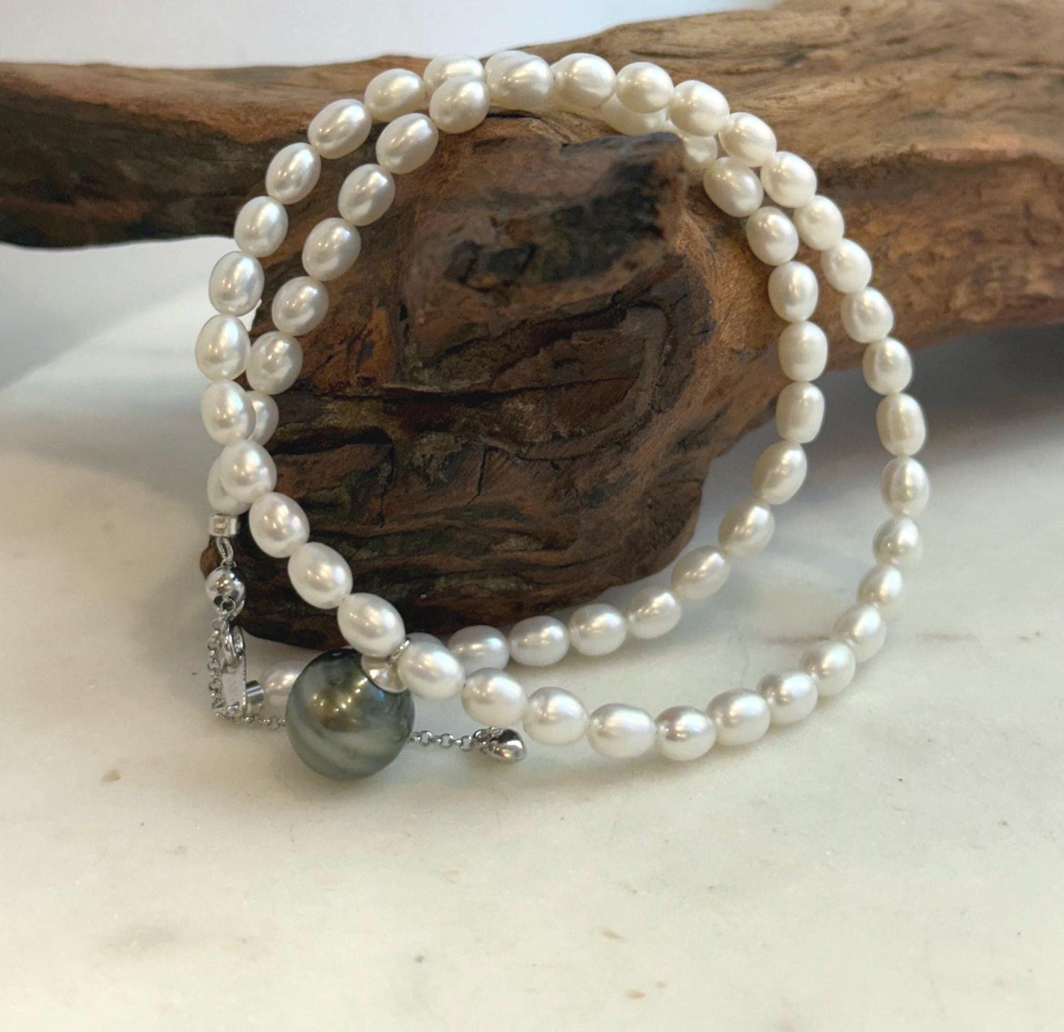 Elly’s 11.8mm Tahitian Platinum black ocean Freshwater white Pearls Necklace: extreme luster, S925 silver necklace. To 18.1”.