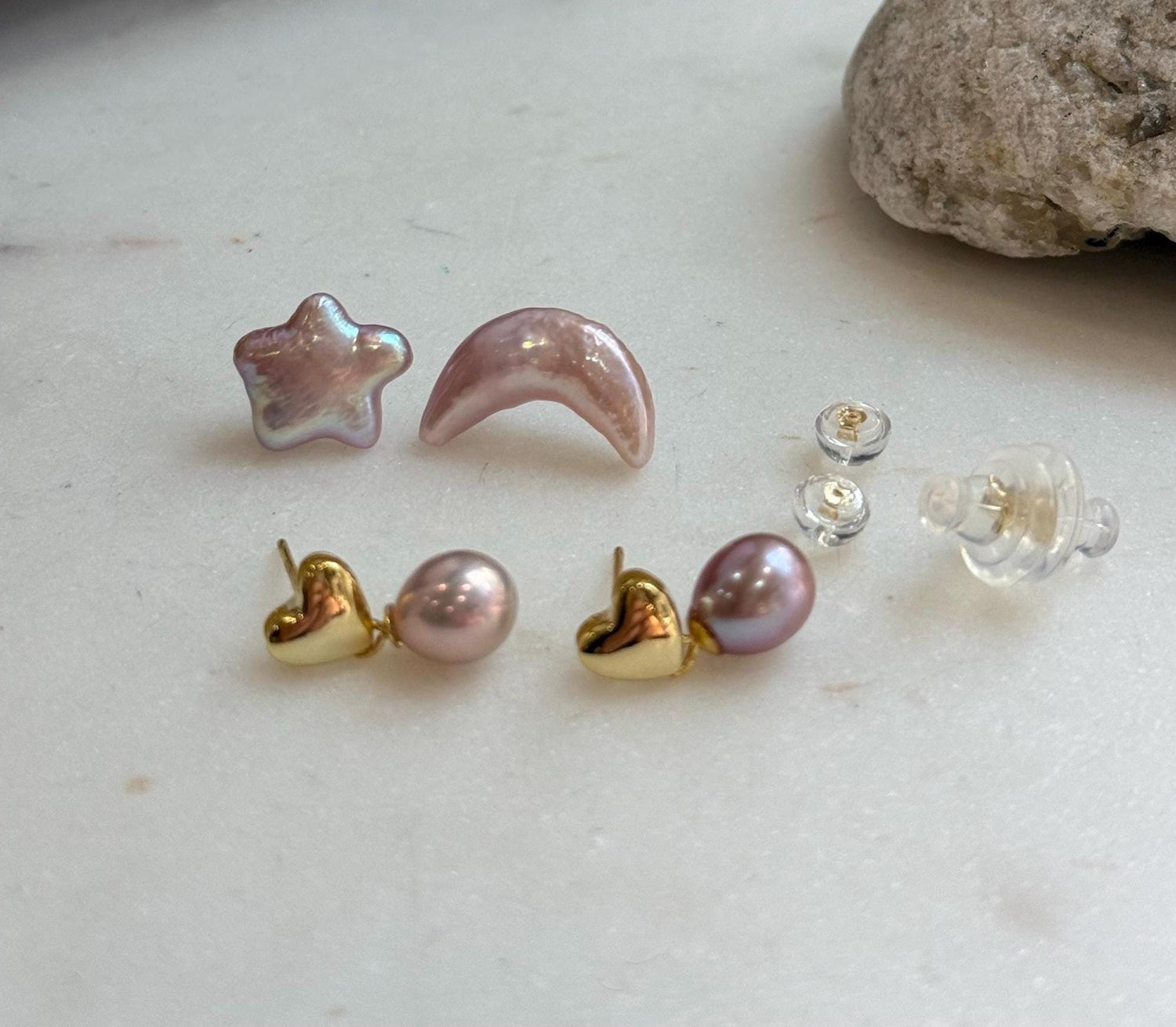 Elly’s 2 pairs Extremely strong luster natural Freshwater pears s925 silver heart Moon Star earrings. Daily cool earrings.