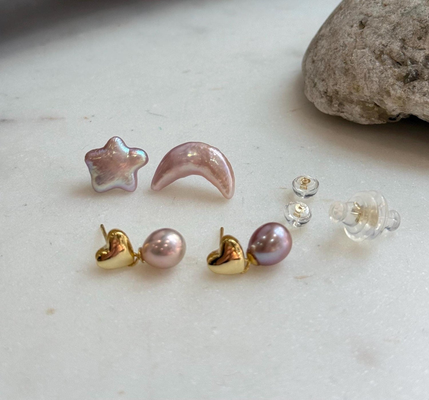 Elly’s 2 pairs Extremely strong luster natural Freshwater pears s925 silver heart Moon Star earrings. Daily cool earrings.