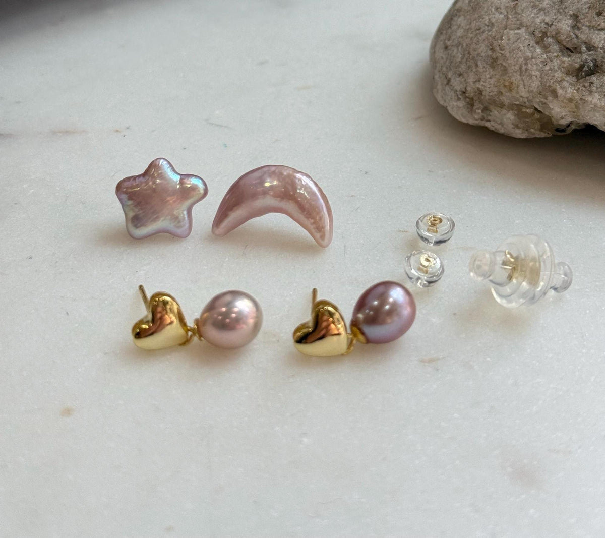 Elly’s 2 pairs Extremely strong luster natural Freshwater pears s925 silver heart Moon Star earrings. Daily cool earrings.