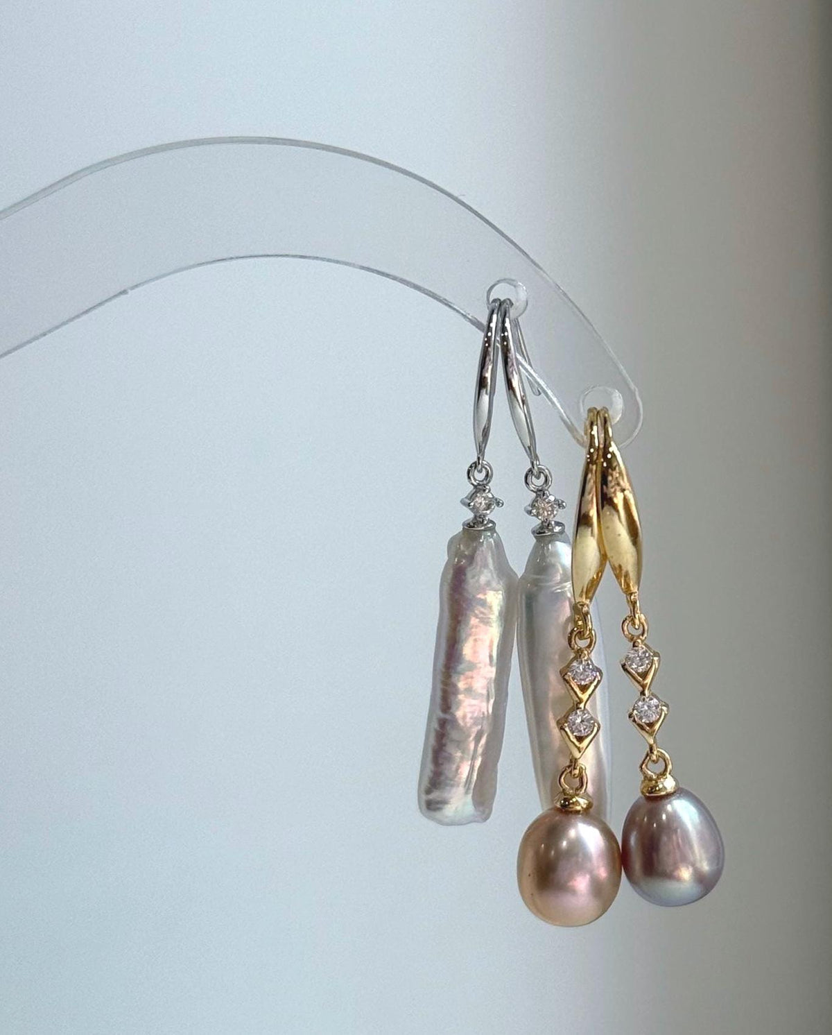Elly’s 2 pairs Extremely strong luster natural Freshwater pearls s925 silver strip waterdrop earrings hooks. Daily cool earrings.