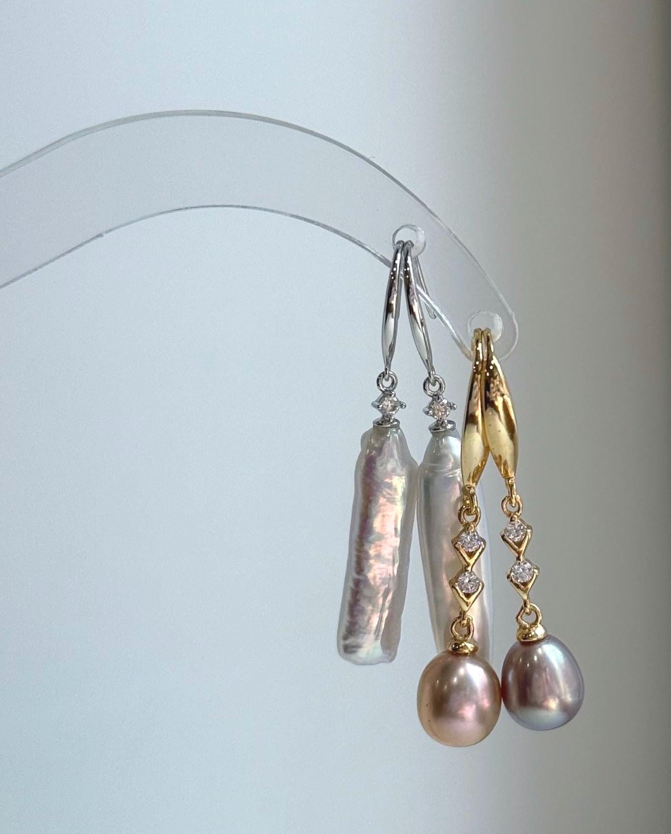 Elly’s 2 pairs Extremely strong luster natural Freshwater pearls s925 silver strip waterdrop earrings hooks. Daily cool earrings.