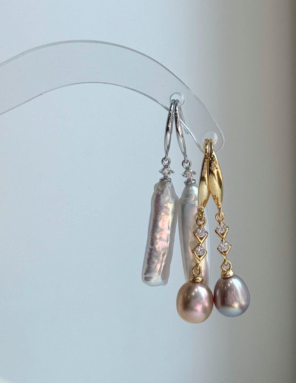Elly’s 2 pairs Extremely strong luster natural Freshwater pearls s925 silver strip waterdrop earrings hooks. Daily cool earrings.