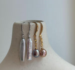 Elly’s 2 pairs Extremely strong luster natural Freshwater pearls s925 silver strip waterdrop earrings hooks. Daily cool earrings.