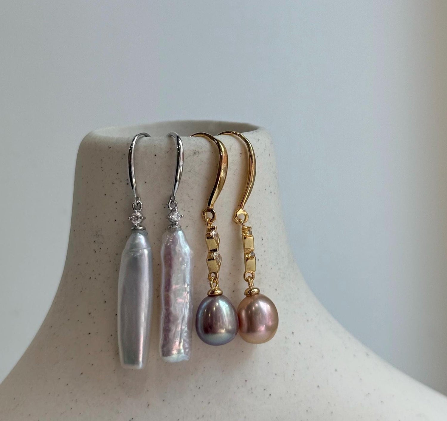 Elly’s 2 pairs Extremely strong luster natural Freshwater pearls s925 silver strip waterdrop earrings hooks. Daily cool earrings.