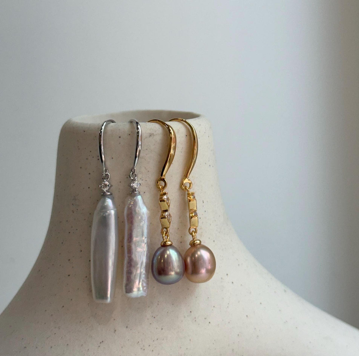 Elly’s 2 pairs Extremely strong luster natural Freshwater pearls s925 silver strip waterdrop earrings hooks. Daily cool earrings.