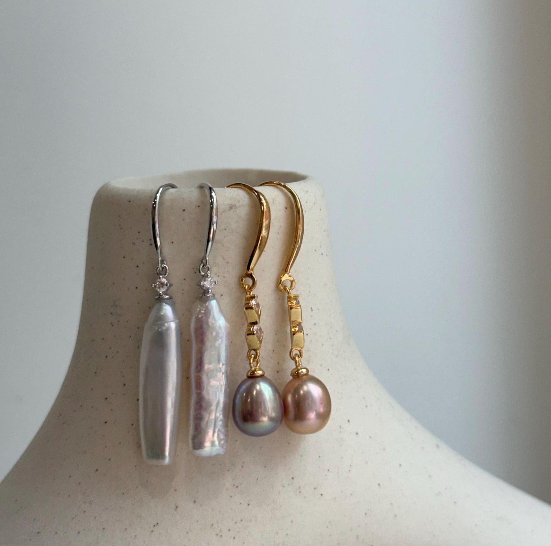 Elly’s 2 pairs Extremely strong luster natural Freshwater pearls s925 silver strip waterdrop earrings hooks. Daily cool earrings.