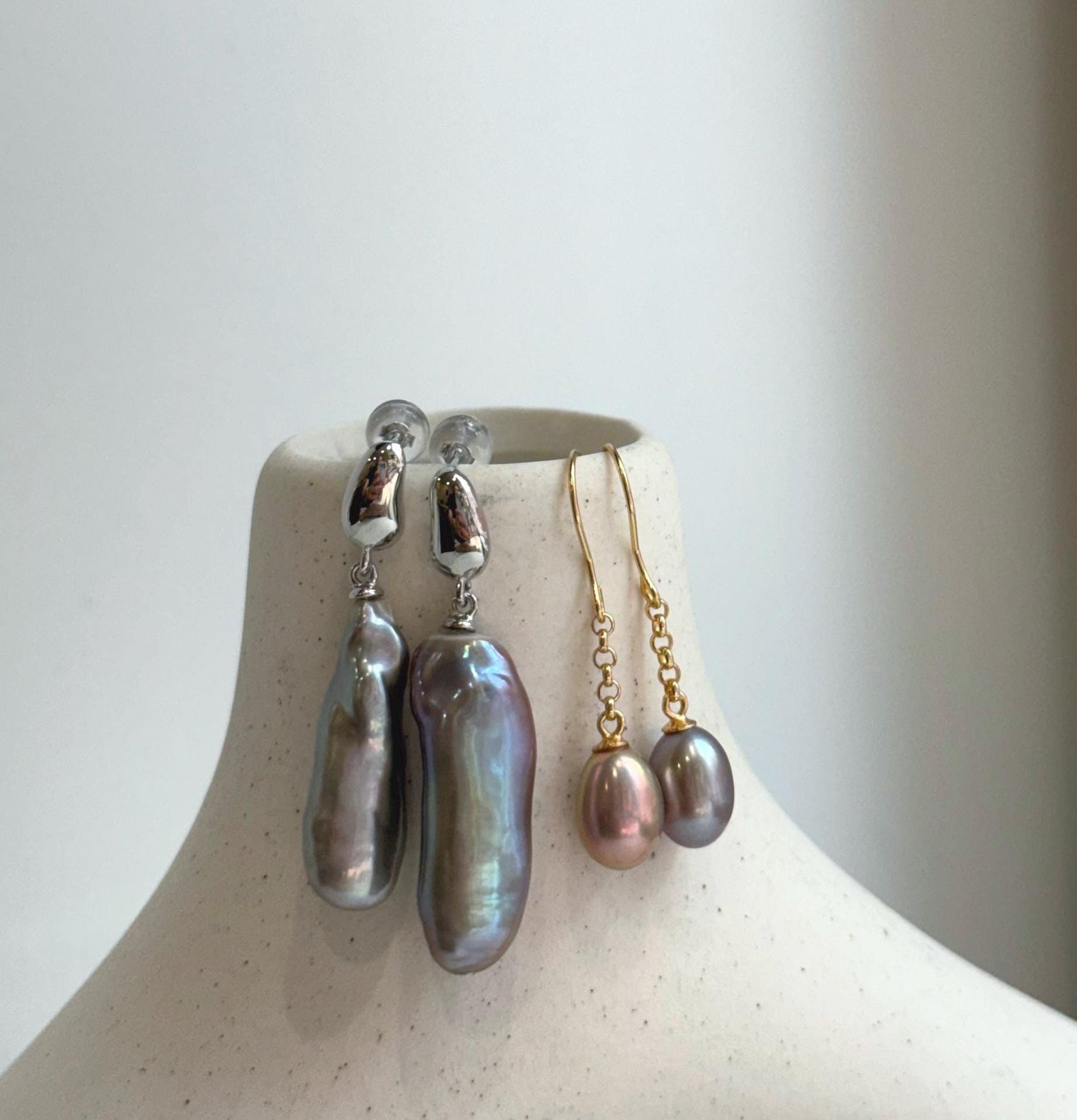 Elly’s 2 pairs Extremely strong luster natural Freshwater pearls s925 silver strip waterdrop strip earrings. Daily cool AB earrings.