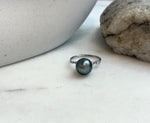 Elly’s 9.6mm Tahitian Ocean platinum hunter ocean Pearl Ring: Extreme luster mirrored, S925 silver adjustable Ring. Pearl Jewelry Idea.