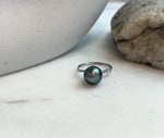 Elly’s 9.6mm Tahitian Ocean platinum hunter ocean Pearl Ring: Extreme luster mirrored, S925 silver adjustable Ring. Pearl Jewelry Idea.