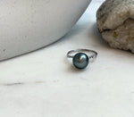 Elly’s 9.6mm Tahitian Ocean platinum hunter ocean Pearl Ring: Extreme luster mirrored, S925 silver adjustable Ring. Pearl Jewelry Idea.
