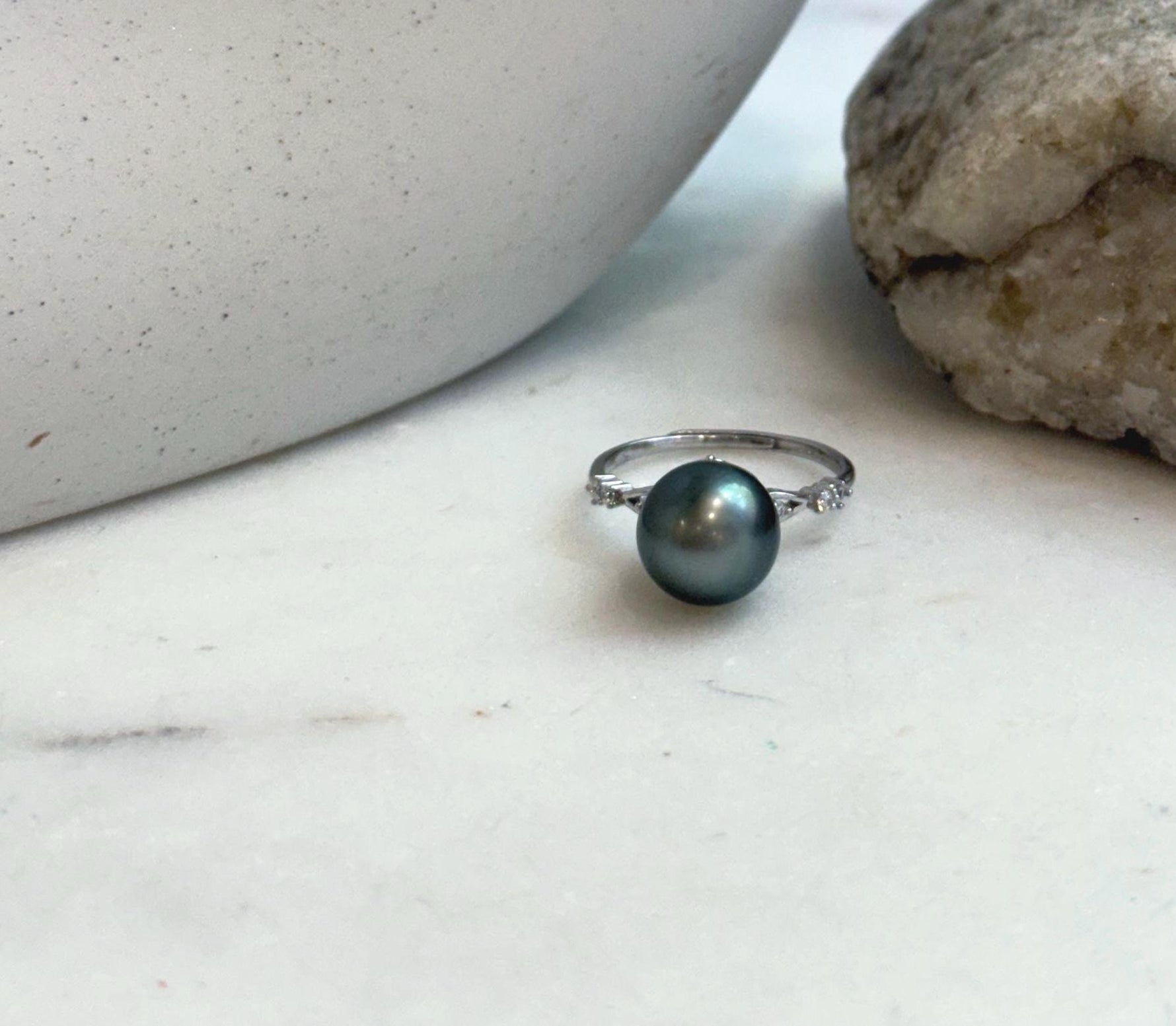 Elly’s 9.6mm Tahitian Ocean platinum hunter ocean Pearl Ring: Extreme luster mirrored, S925 silver adjustable Ring. Pearl Jewelry Idea.