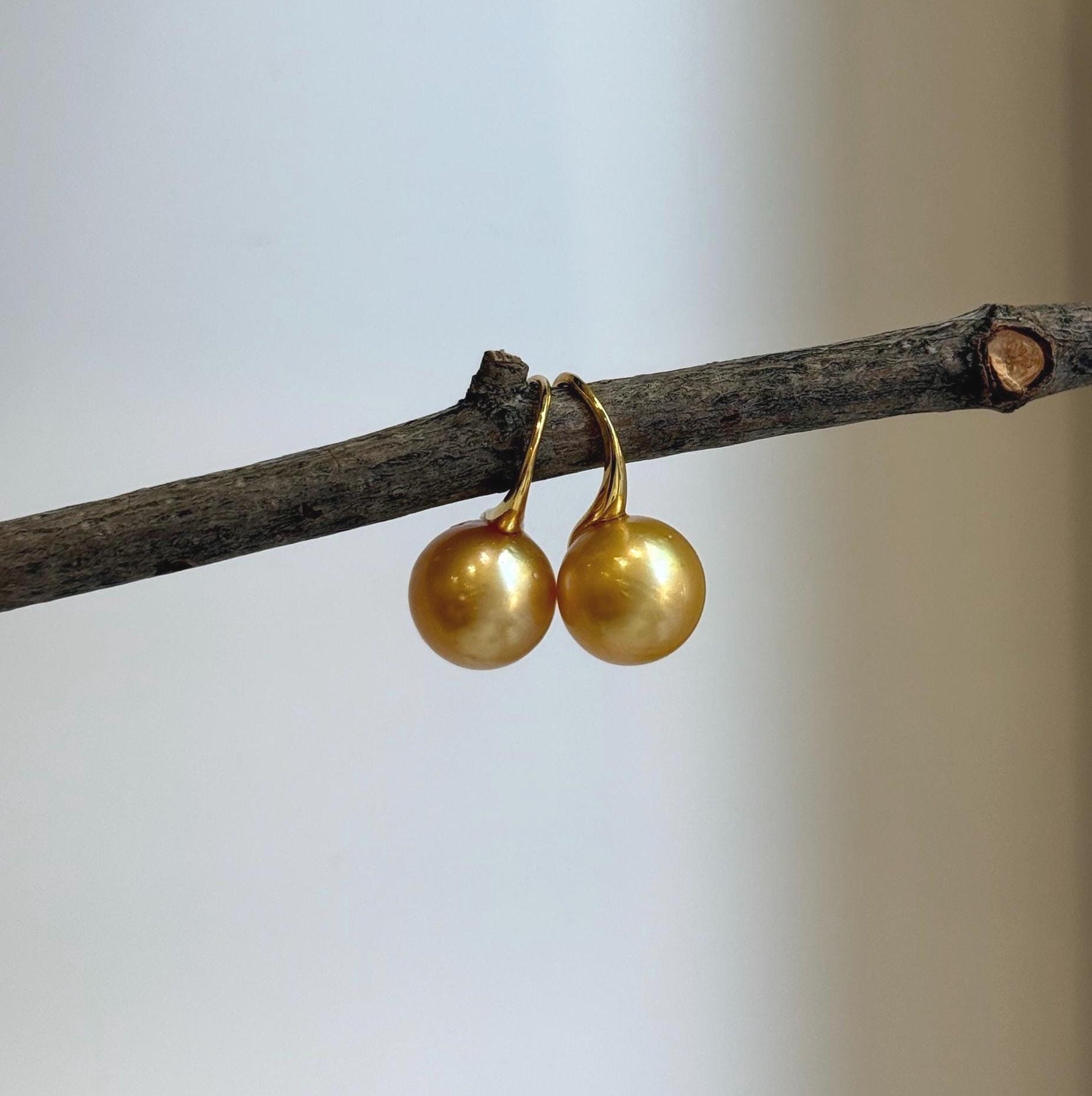 Elly’s 11.2mm Genius South sea deep golden ocean Pearls Earrings hooks: Extreme luster mirrored, 2.2cm high, S925 silver earrings.