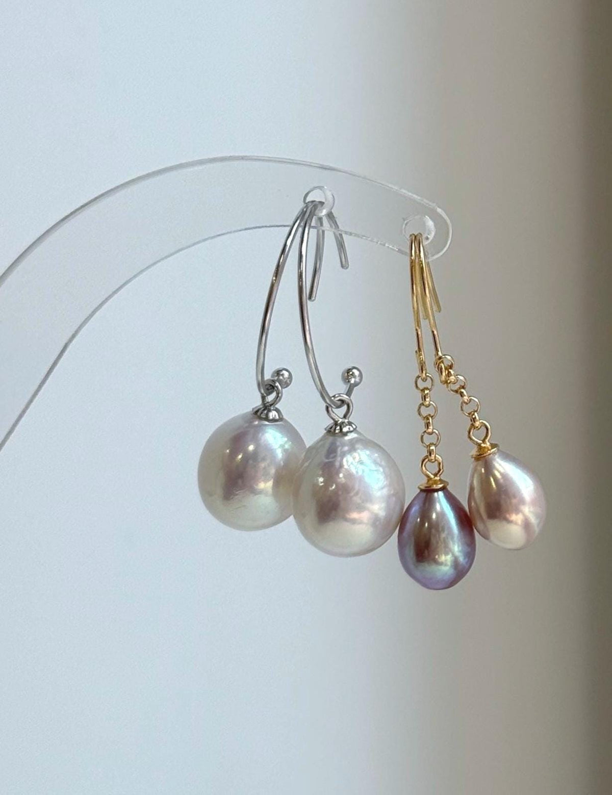 Elly’s 2 pairs Extremely strong luster natural Freshwater Edison pearls s925 silver earrings hooks. Daily cool earrings.