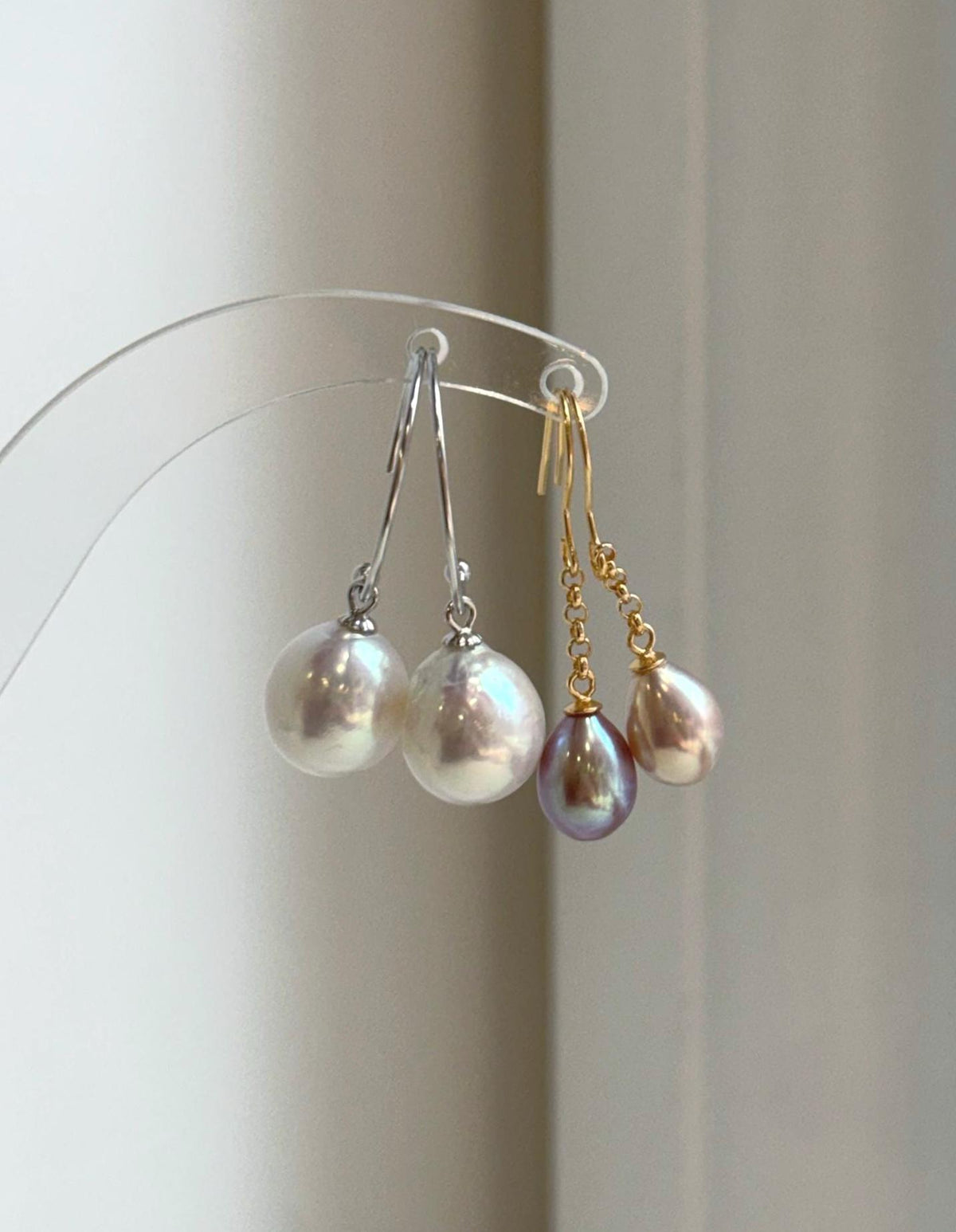 Elly’s 2 pairs Extremely strong luster natural Freshwater Edison pearls s925 silver earrings hooks. Daily cool earrings.