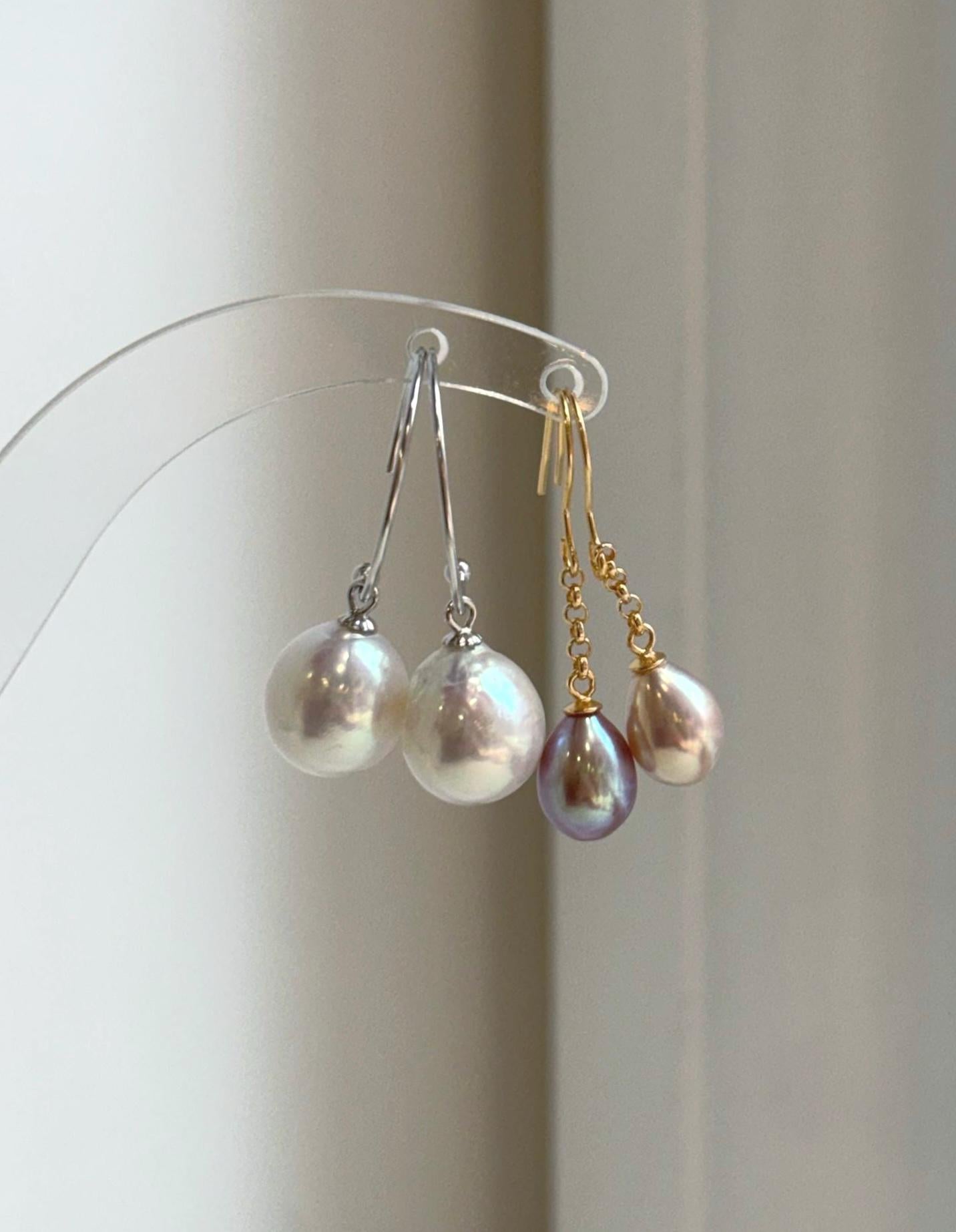 Elly’s 2 pairs Extremely strong luster natural Freshwater Edison pearls s925 silver earrings hooks. Daily cool earrings.