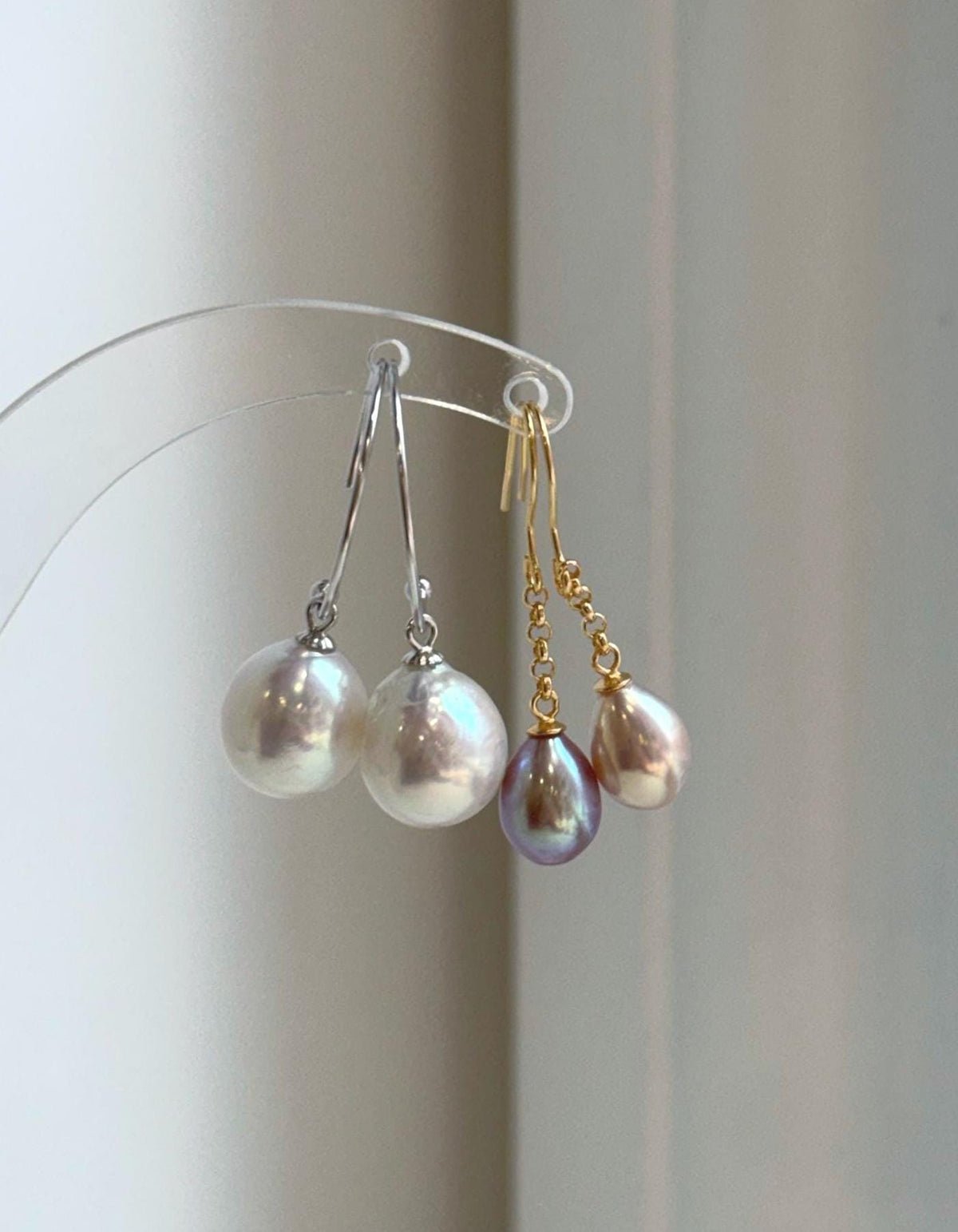 Elly’s 2 pairs Extremely strong luster natural Freshwater Edison pearls s925 silver earrings hooks. Daily cool earrings.