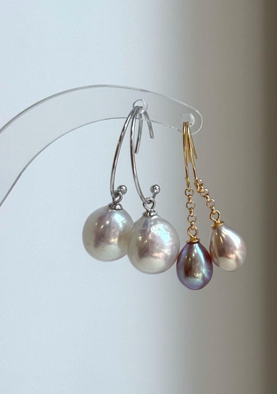 Elly’s 2 pairs Extremely strong luster natural Freshwater Edison pearls s925 silver earrings hooks. Daily cool earrings.