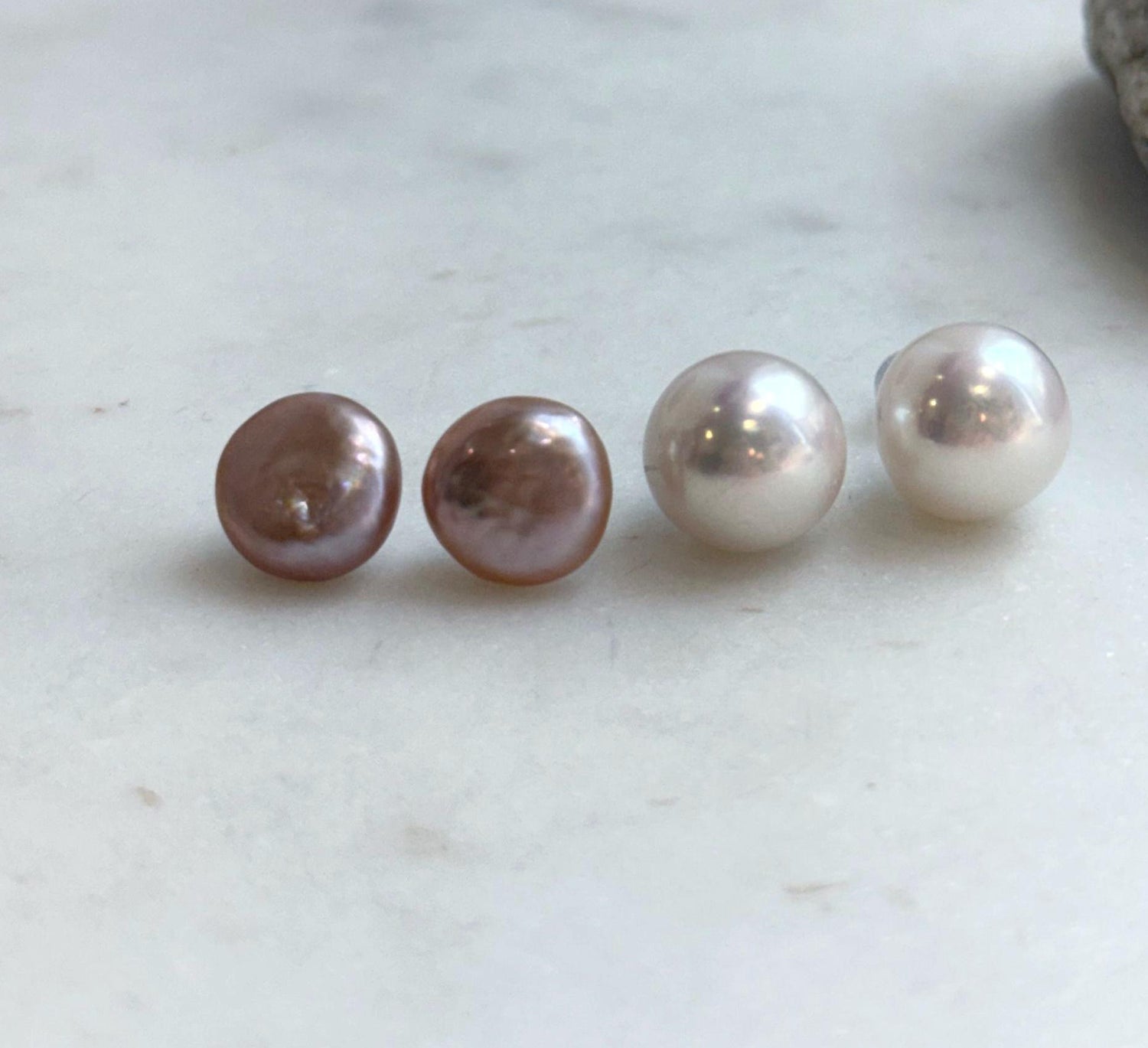 Elly’s 2 pairs 13mm 11.9mm Extremely strong luster natural Freshwater Edison pearls s925 silver earrings studs. Daily cool earrings.
