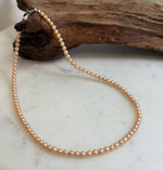 Elly’s 4.1-4.3mm Freshwater Peach gold Pearls Necklace: Extreme luster mirrored, To 18.1”, S925 silver necklace strand.