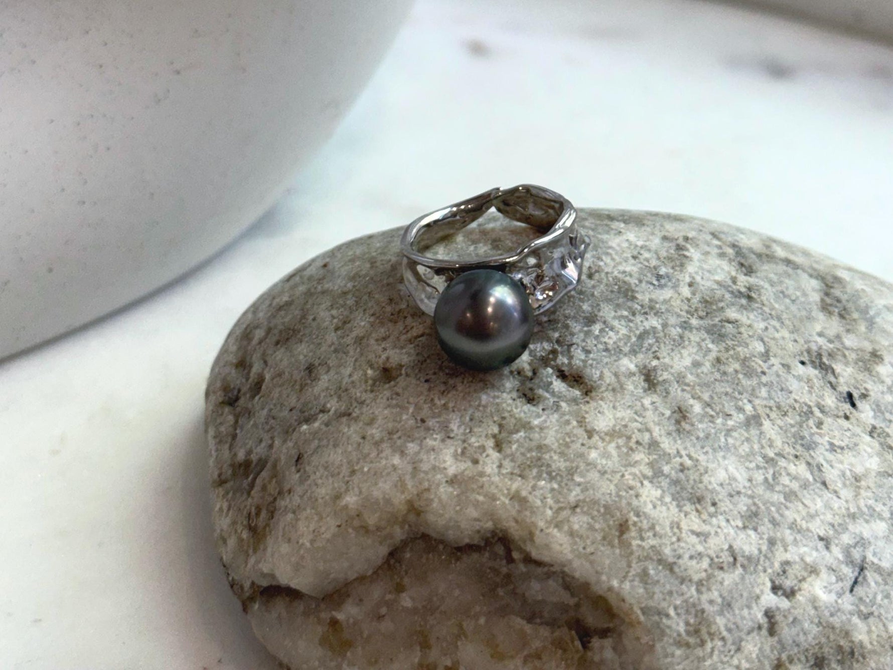 Elly’s 10.4mm Tahitian Ocean peacock hunter ocean Pearl Ring: Extreme luster mirrored, S925 silver adjustable Ring. Pearl Jewelry Idea.
