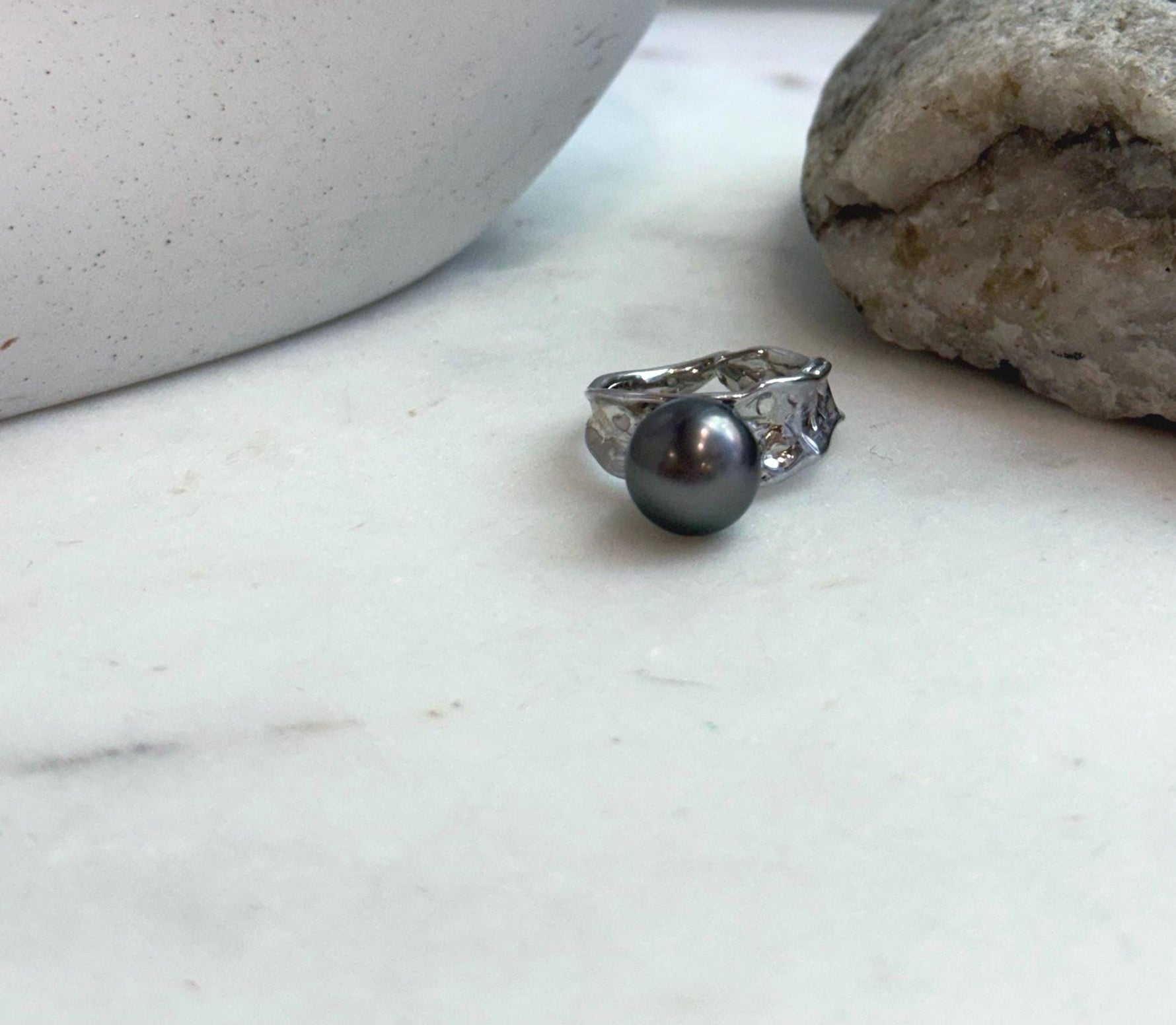 Elly’s 10.4mm Tahitian Ocean peacock hunter ocean Pearl Ring: Extreme luster mirrored, S925 silver adjustable Ring. Pearl Jewelry Idea.