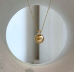 Elly’s 10.9mm South Sea deep Gold ocean Pearl pendant: Extreme luster mirrored, 1.5cm high, S925 silver w/ gold plated pendant.