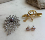 Elly’s Set of 3, brooch earrings hair clip, natural Freshwater pearls, vintage set.