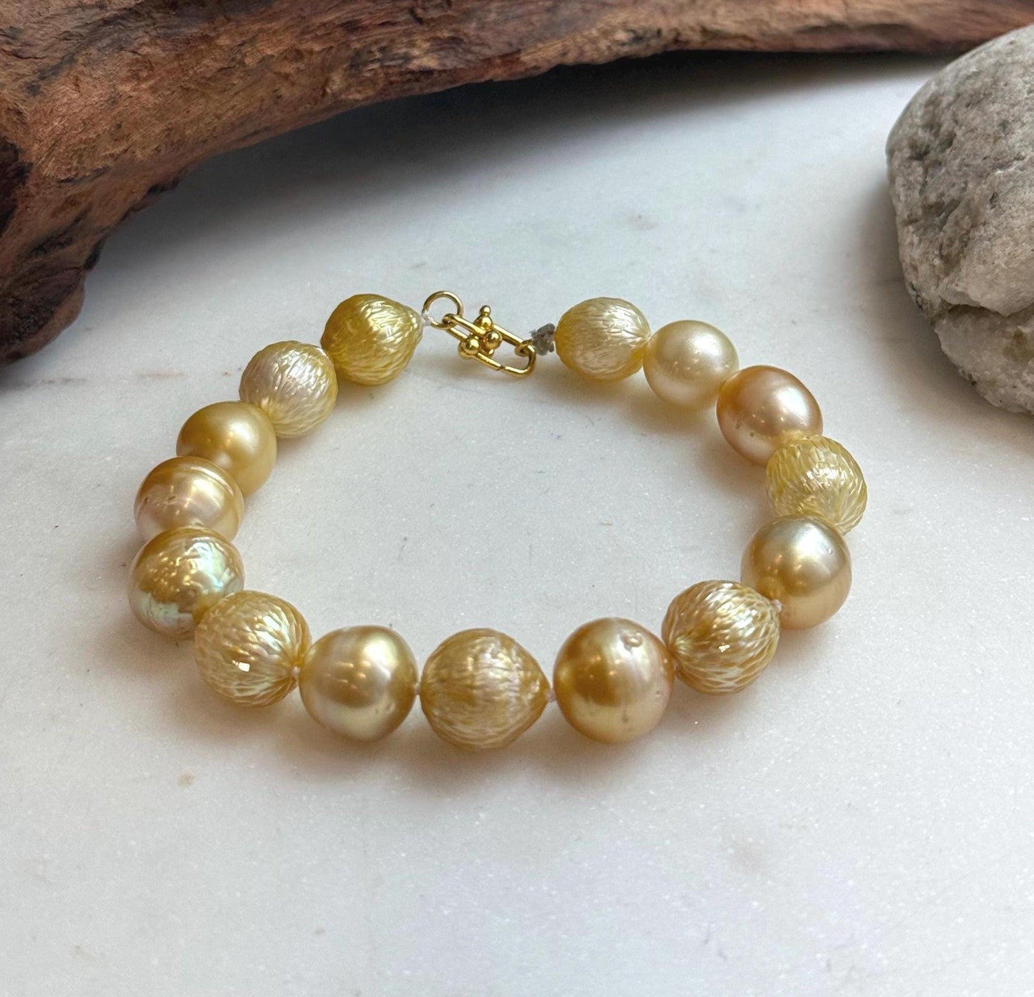 Elly’s 10.3-12.3mm 15pcs Genius South sea golden Ocean Pearls bracelet: Extreme luster, 8.3”, S925 silver bracelet.