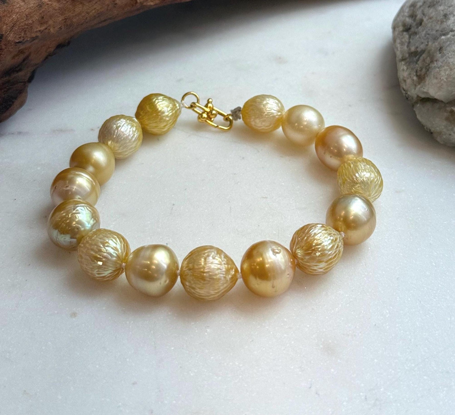 Elly’s 10.3-12.3mm 15pcs Genius South sea golden Ocean Pearls bracelet: Extreme luster, 8.3”, S925 silver bracelet.