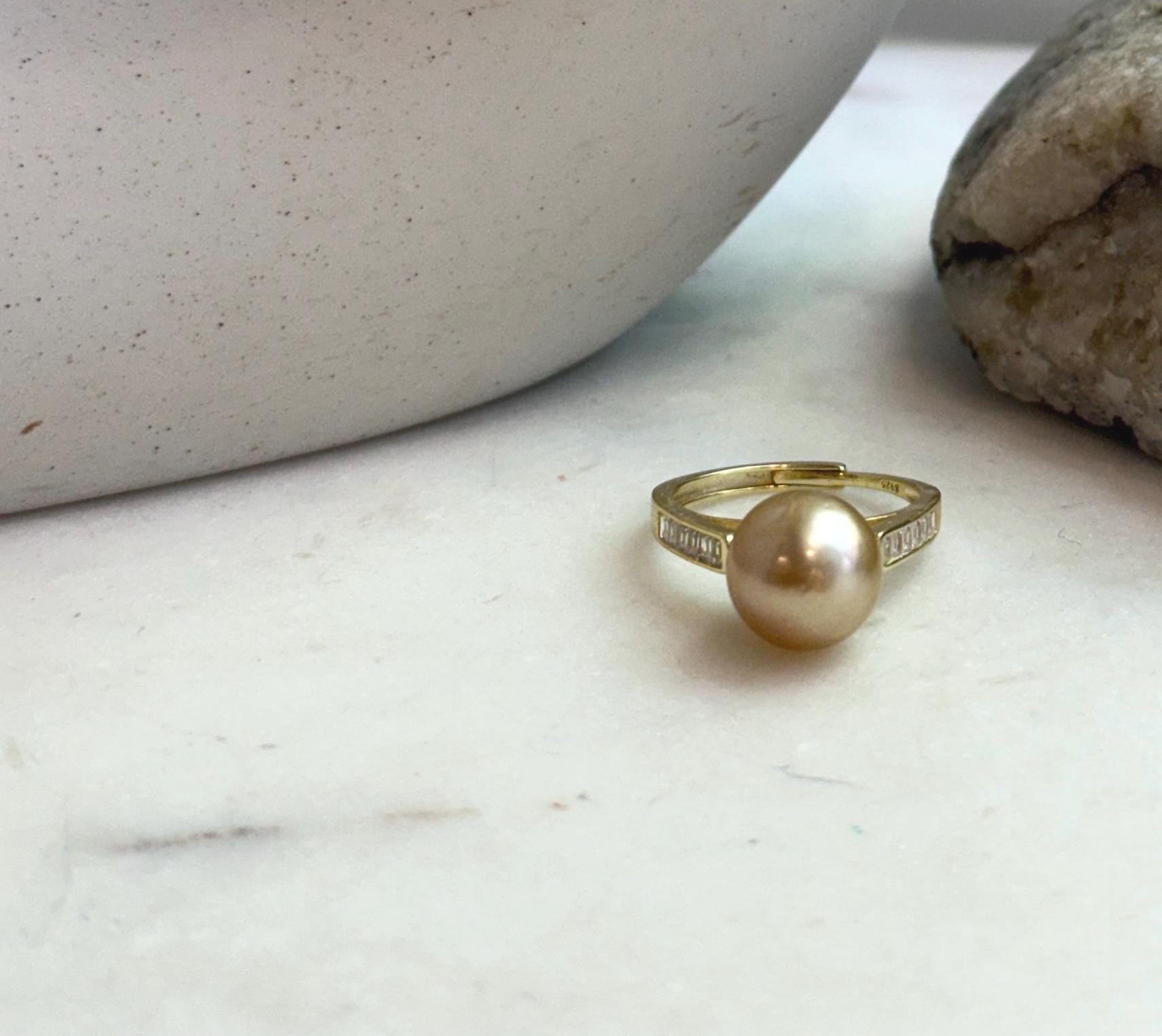 Elly’s 10.7mm South sea deep gold ocean pearl Ring: Extreme luster mirrored, S925 silver with gold plated adjustable Vintage Ring.