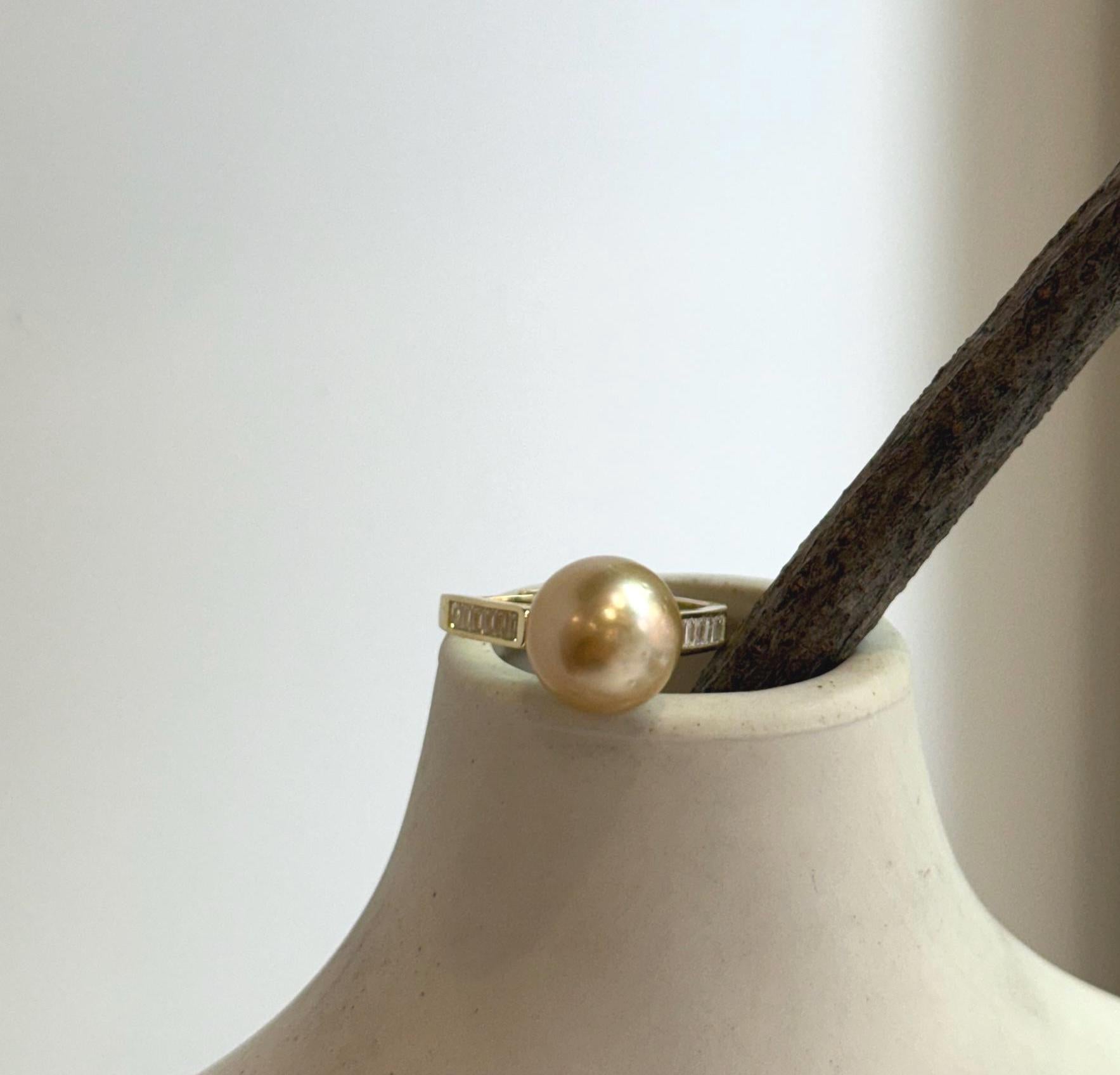 Elly’s 10.7mm South sea deep gold ocean pearl Ring: Extreme luster mirrored, S925 silver with gold plated adjustable Vintage Ring.
