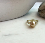 Elly’s 10.7mm South sea deep gold ocean pearl Ring: Extreme luster mirrored, S925 silver with gold plated adjustable Vintage Ring.
