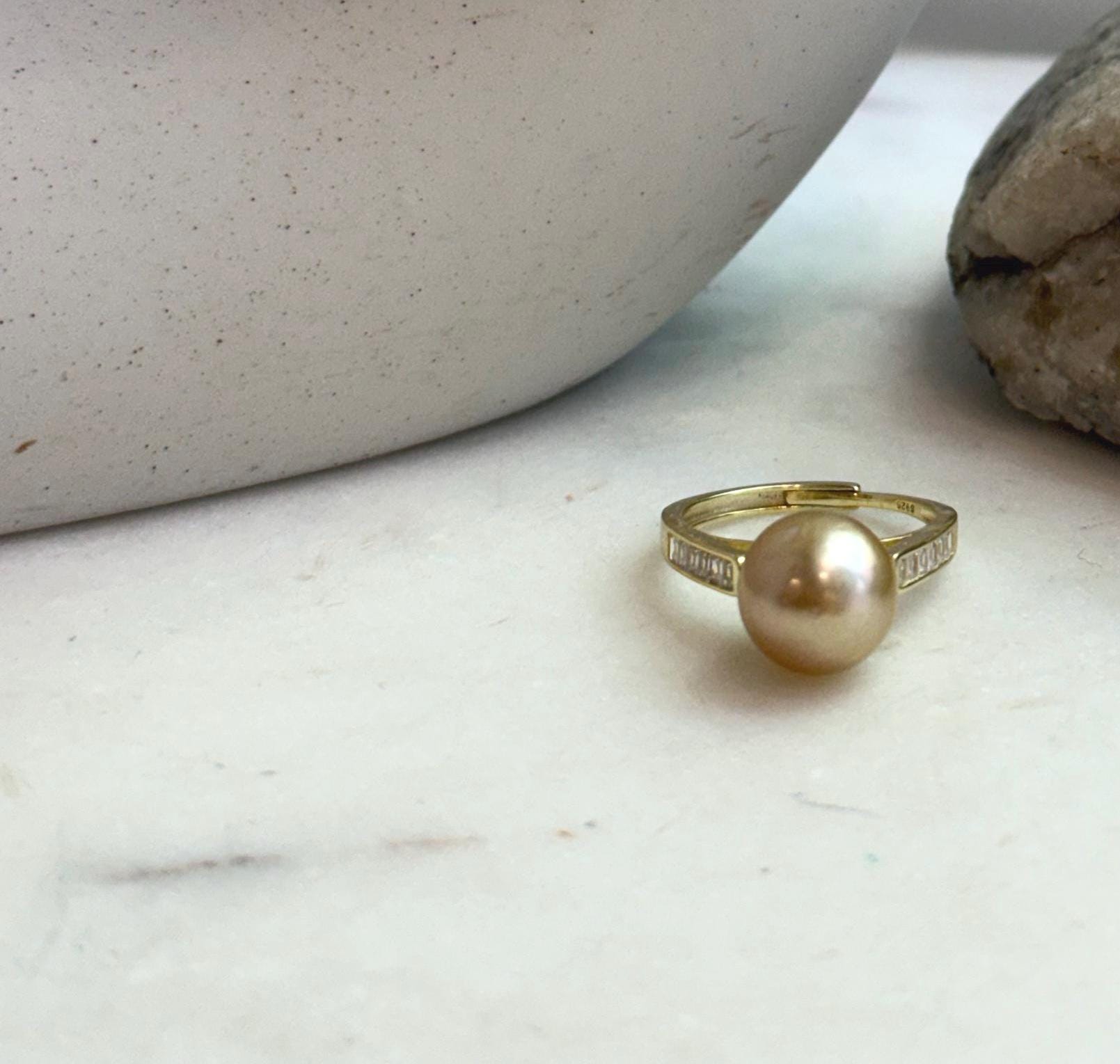 Elly’s 10.7mm South sea deep gold ocean pearl Ring: Extreme luster mirrored, S925 silver with gold plated adjustable Vintage Ring.